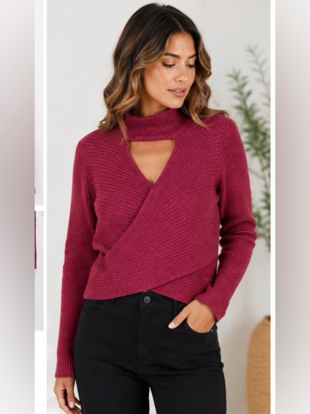 Pink Republic Ribbed Wrap Turtleneck Sweater - Dusty Rose/Burgundy
